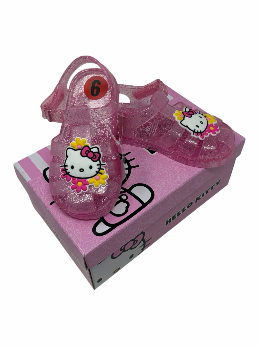 Hello Kitty Sanrio Pink Glitter Jelly Sandals Toddler Girls Size 6 Flowers NEW